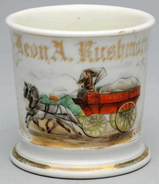 Appraisal: White Horse-Drawn Covered Wagon Shaving Mug Gilt name Leon A