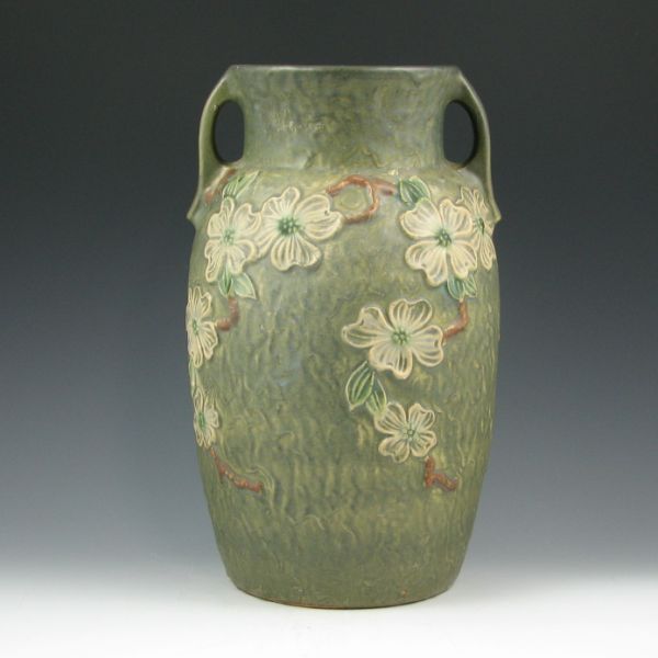 Appraisal: Roseville Dogwood Textured - handled vase Marked with Rv ink