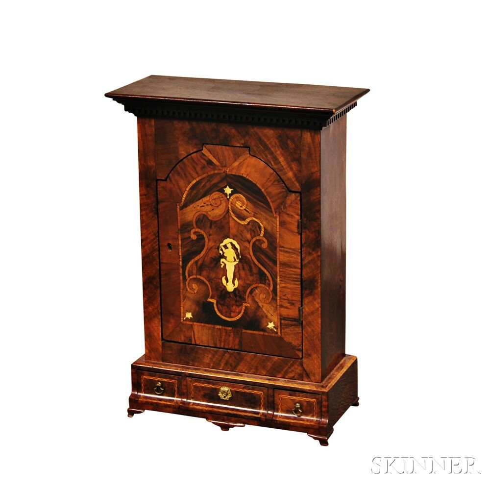 Appraisal: Continental Inlaid and Veneered Table Cabinet the dentil-molded cornice over