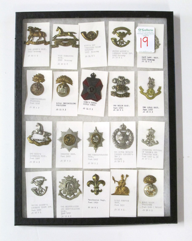 Appraisal: COLLECTION OF TWENTY BRITISH INFANTRY CAP BADGES including The Queens