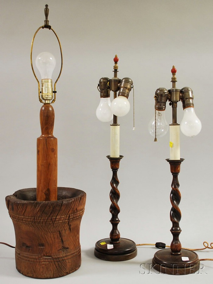 Appraisal: Pair of Oak Barley-twist Candlestick Table Lamps and a Burlwood