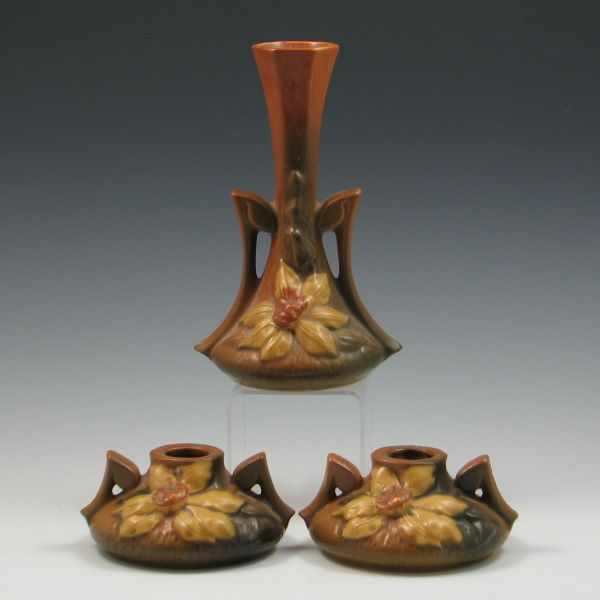 Appraisal: Roseville Clematis Bud Vase and Candle Holders bud vase marked