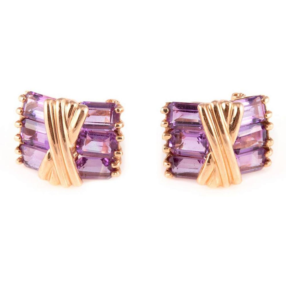 Appraisal: Pair of amethyst k gold clip earrings measuring approximately x