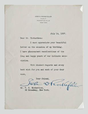 Appraisal: John D Rockefeller signed letter eight lines typed on stationery