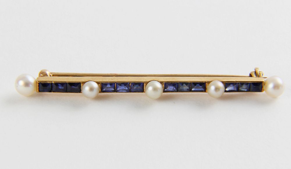 Appraisal: Antique Sapphire and Pearl Bar Pin Antique Sapphire and Pearl