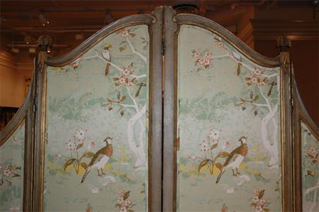 Appraisal: Louis XVI Style Painted Parcel Gilt and Upholstered Four-Panel Screen