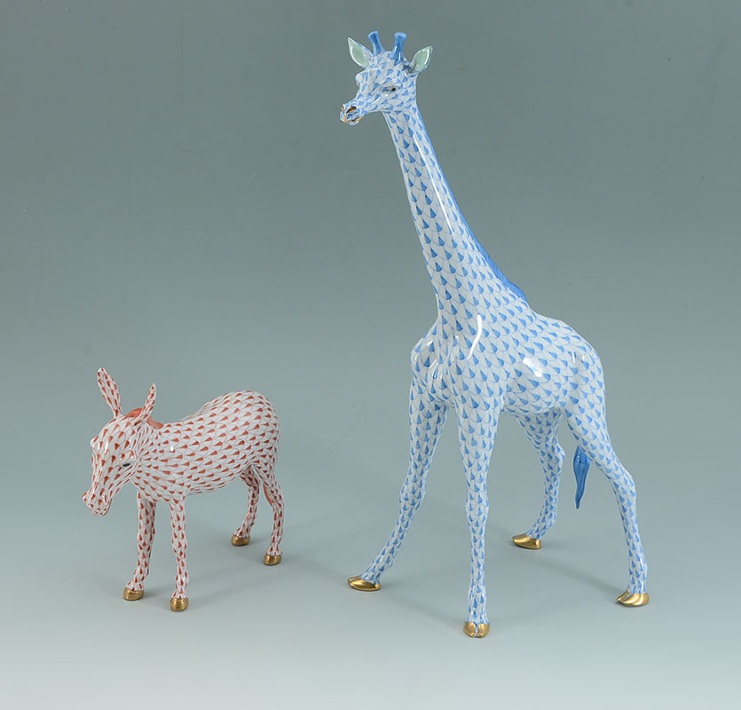 Appraisal: HEREND PORCELAIN FISHNET GIRAFFE DONKEY FIGURES pieces total both marked