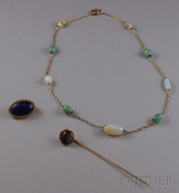 Appraisal: Three Pieces of Gold and Hardstone Gemstone Estate Jewelry including