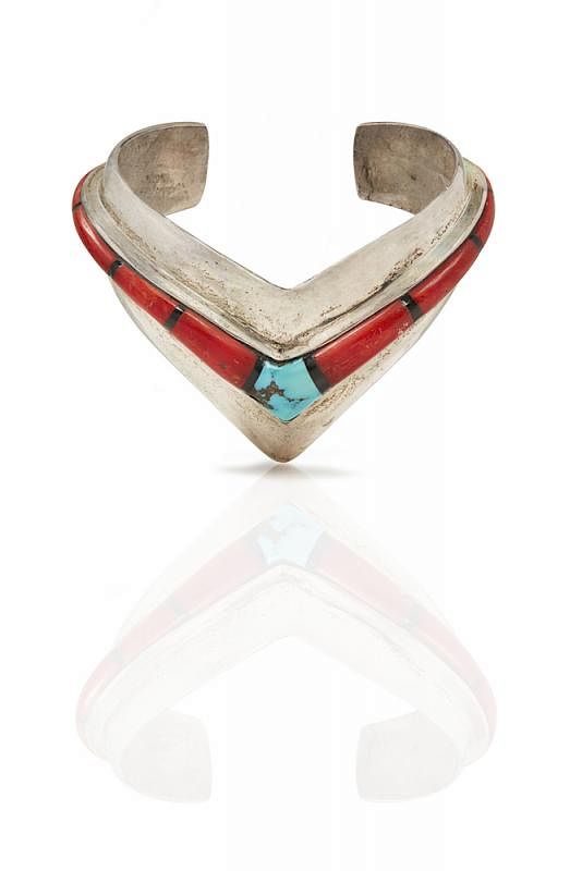 Appraisal: Ben Nighthorse Sterling Cuff Ben Nighthorse silver inlaid cuff bracelet