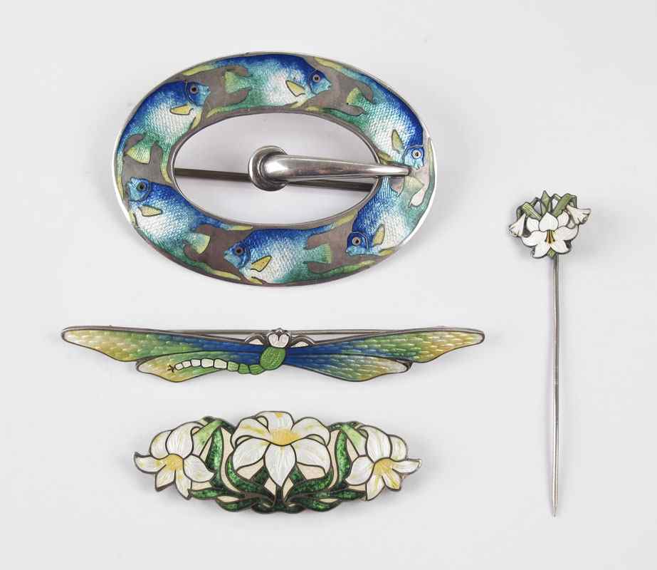 Appraisal: ENAMELED STERLING ART NOUVEAU PINS To include Oval pin with