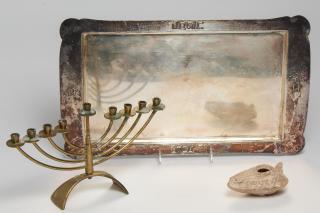 Appraisal: Assortment of Vintage Antique Judaica A silvered copper challah plate