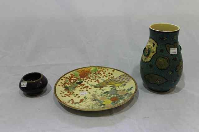 Appraisal: A JAPANESE SATSUMA PLATE decorated with peacock a cloisonne vase