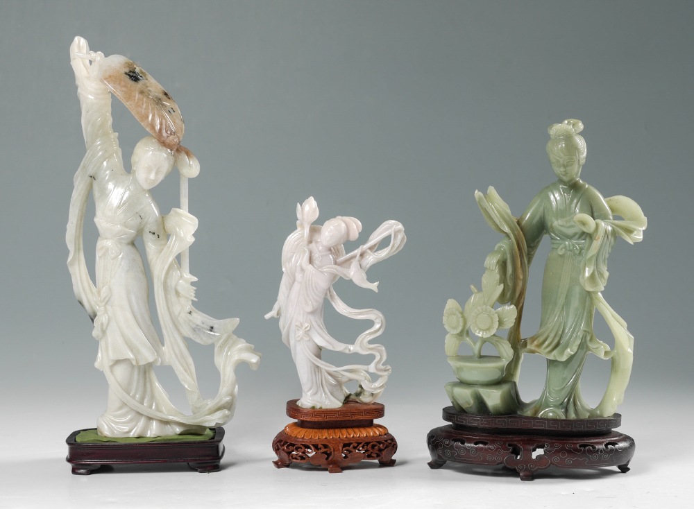 Appraisal: CHINESE CARVED STONE FIGURES pieces total each affixed to carved