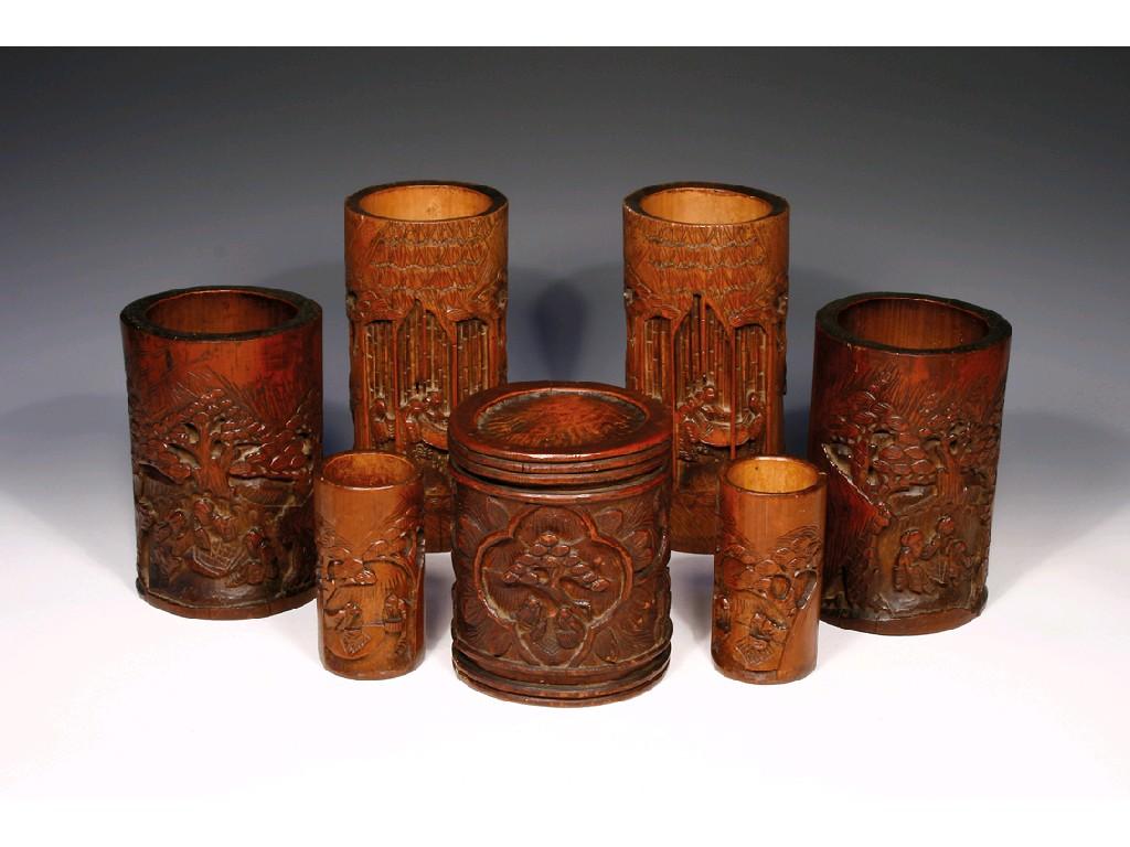 Appraisal: THREE PAIRS OF CHINESE CARVED BAMBOO BRUSH POTS two of