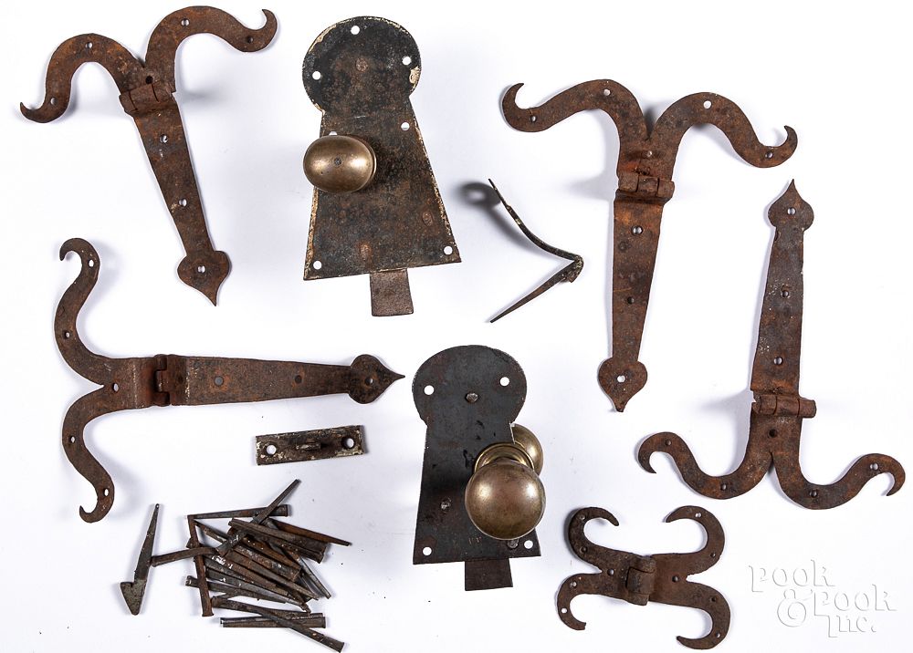 Appraisal: Wrought iron rams horn hinges door locks etc Early wrought