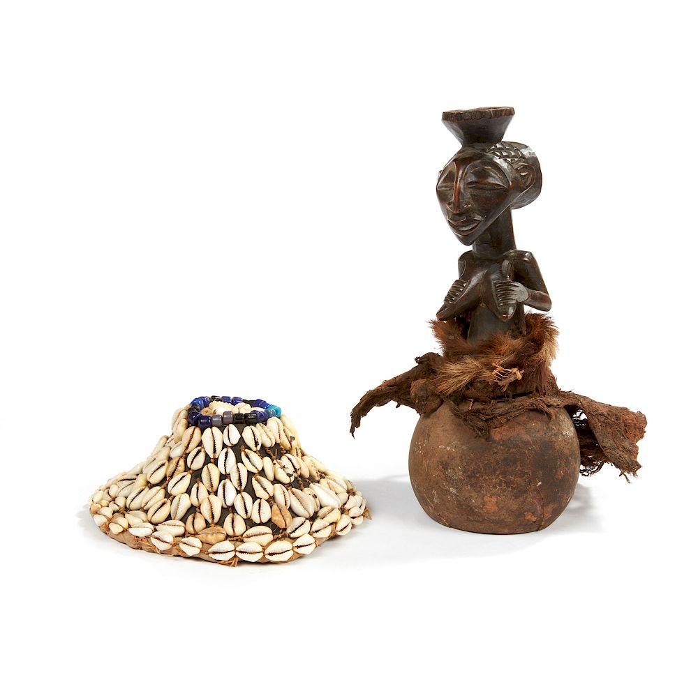 Appraisal: Kuba Hat and a Luba Wood Figure on Gourd Lot