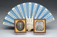 Appraisal: ANTIQUE IVORY FAN AND TWO PORTRAIT AMBROTYPES Fan having blue