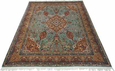 Appraisal: A Signed Tabriz Hunting Estate Carpet Overall turquoise blue ground