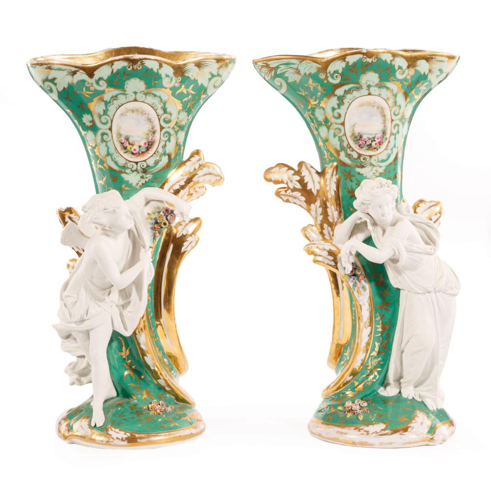 Appraisal: Pair of Paris Bisque Polychrome and Gilt Porcelain Flare Vases