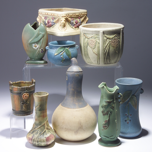 Appraisal: Nine WELLER pieces to include a Woodrose vase fleck to