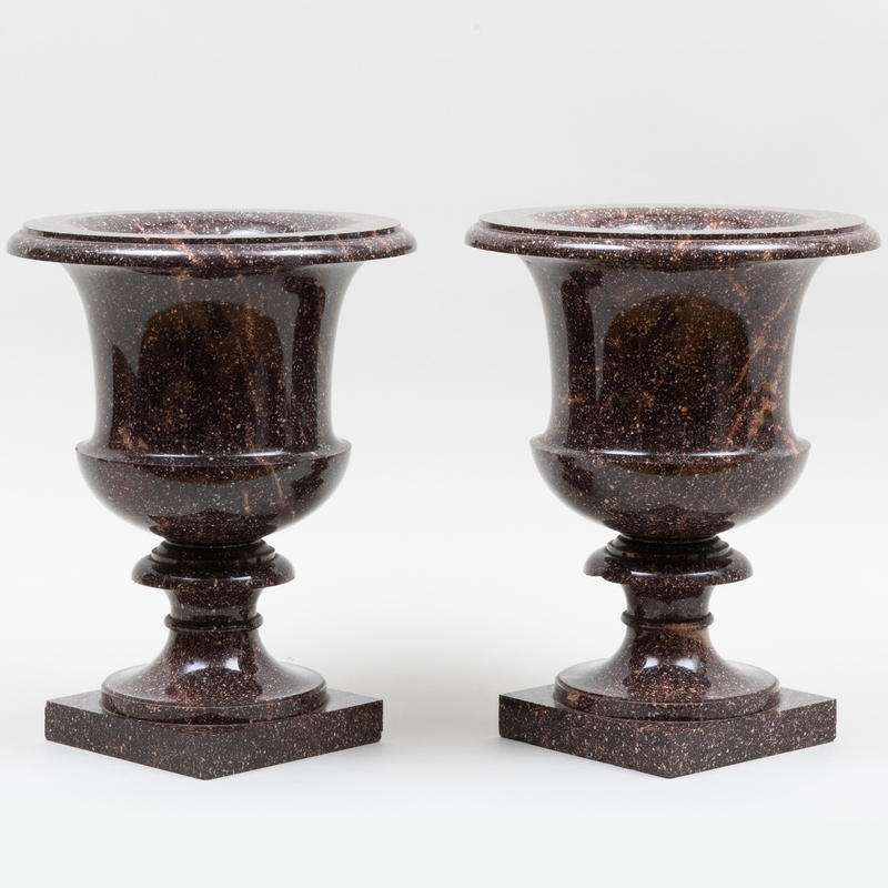 Appraisal: PAIR OF FINE SWEDISH NEOCLASSICAL PORPHYRY URNS THE MODEL DESIGNED