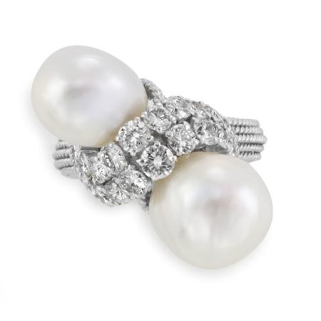 Appraisal: White Gold Baroque Cultured Pearl and Diamond Crossover Ring Estimate