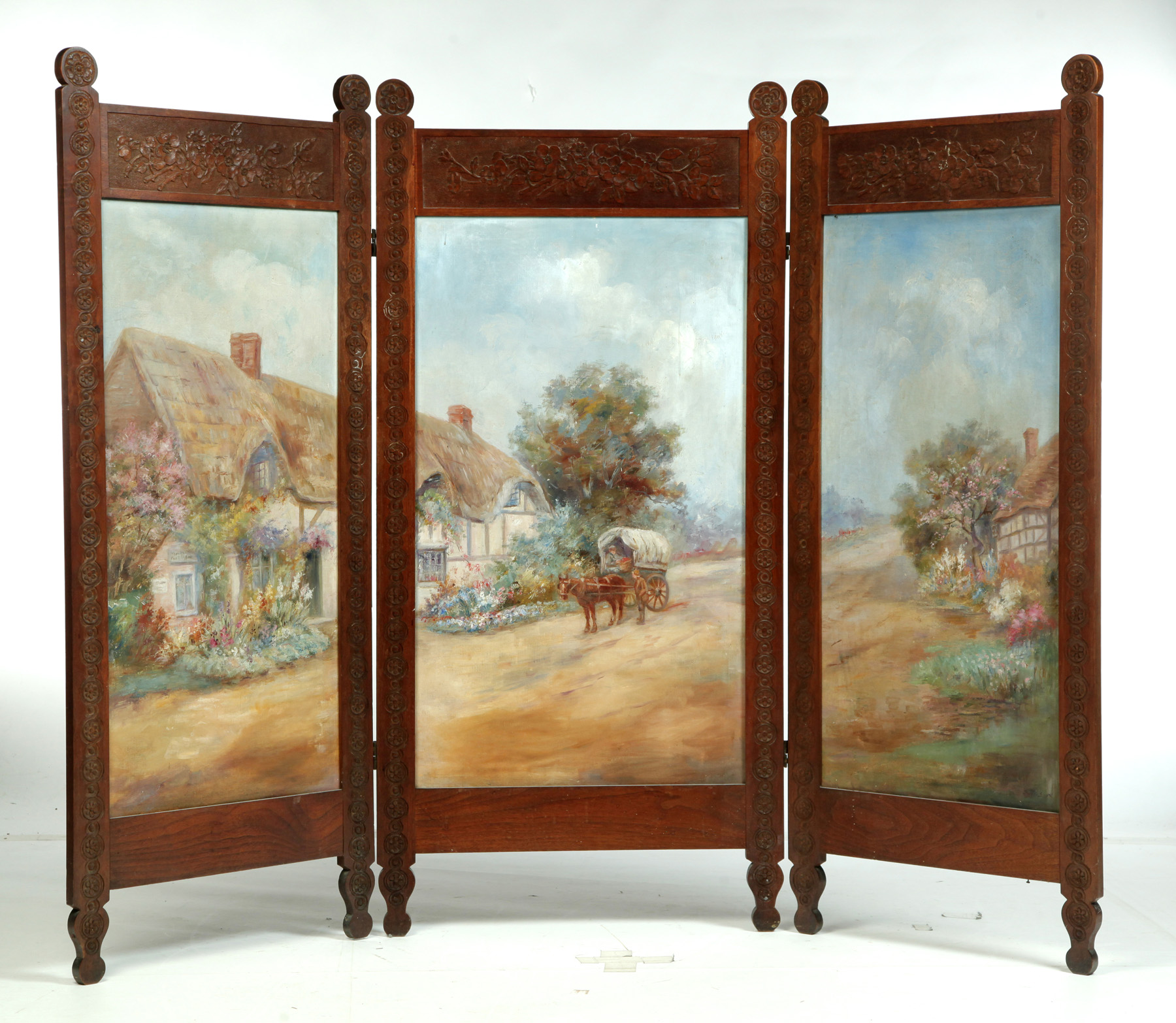 Appraisal: AESTHETIC PERIOD THREE-PANEL SCREEN WITH OIL ON CANVAS INSERTS English