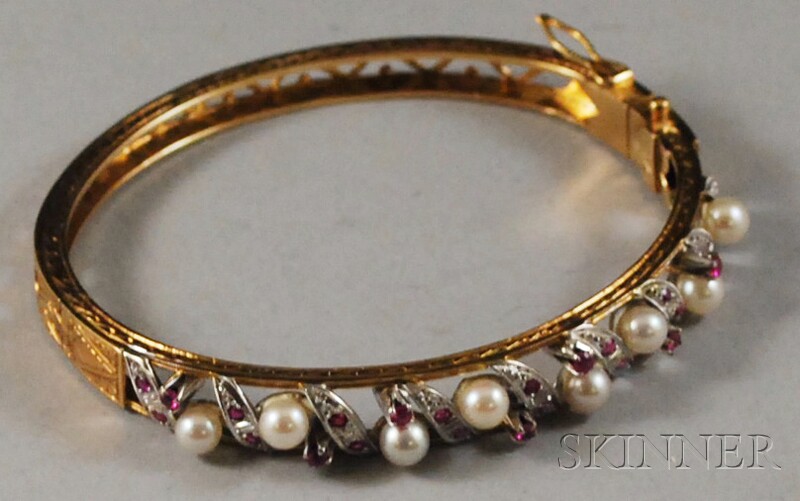 Appraisal: kt Gold Cultured Pearl and Ruby Bracelet designed as a