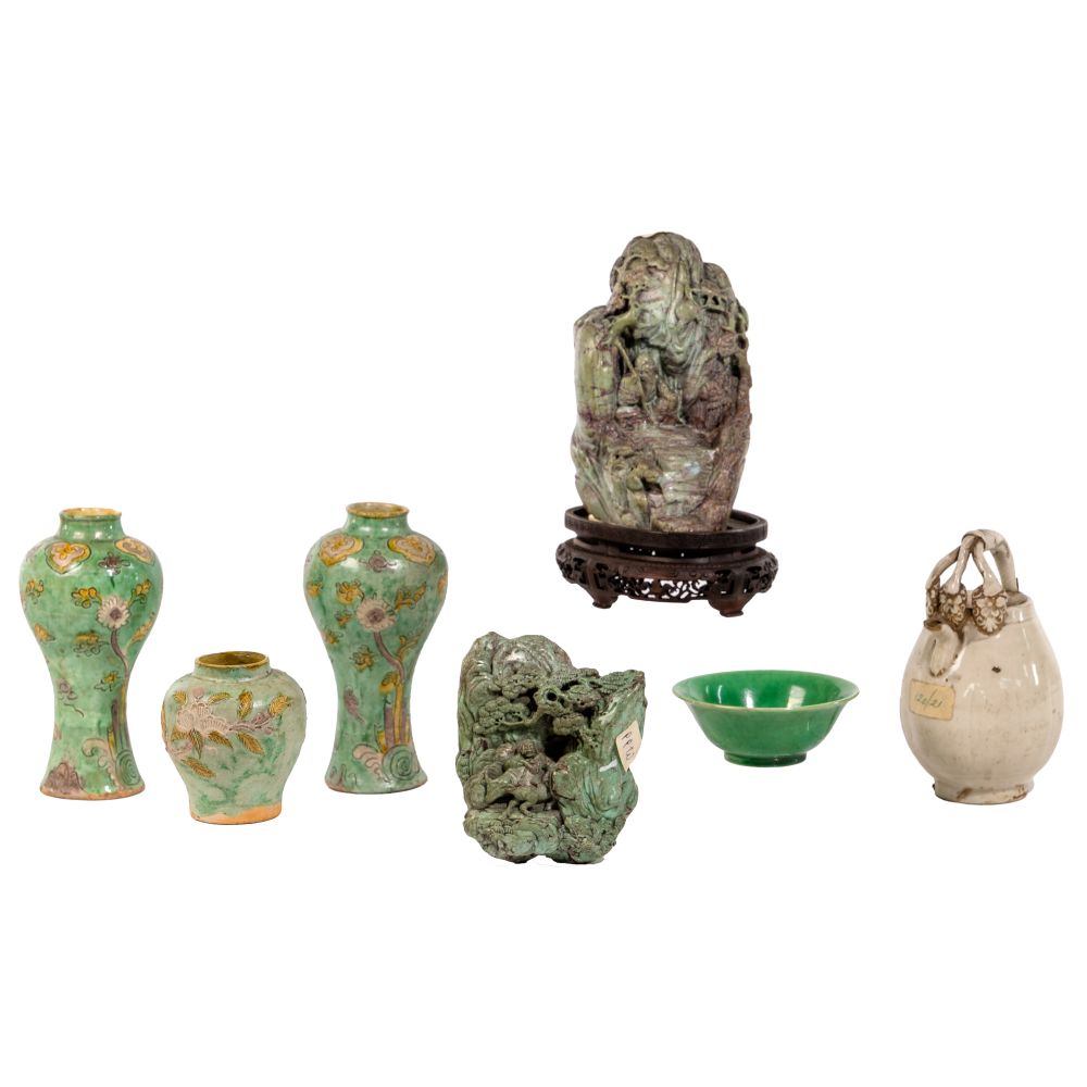 Appraisal: CHINESE POTTERY ASSORTMENT items including painted turquoise and floral vases