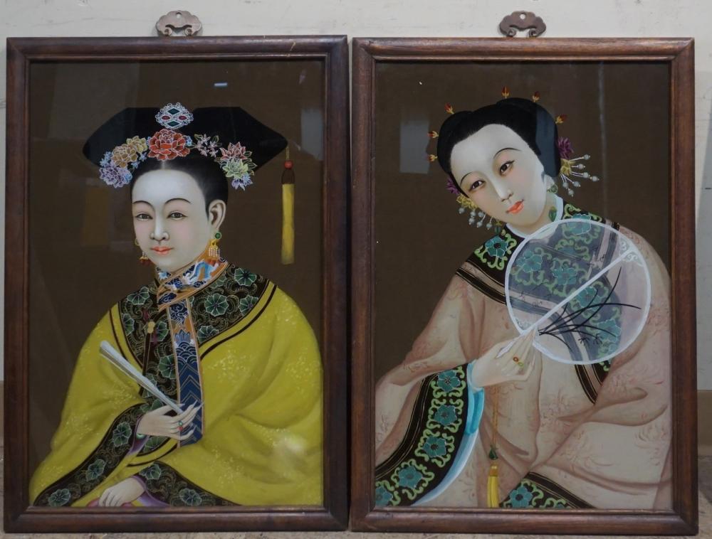 Appraisal: CHINESE SCHOOL TWO REVERSE PAINTED GLASS PORTRAITS EACH FRAME X