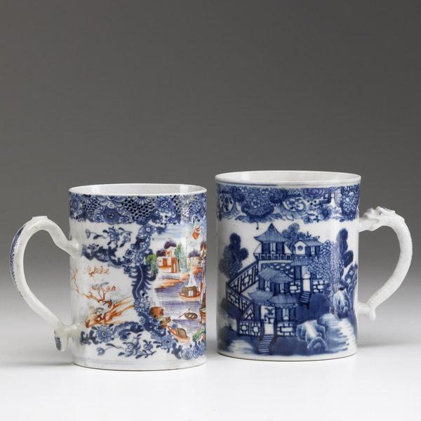 Appraisal: CHINESE EXPORT Two blue and white cider mugs with landscape