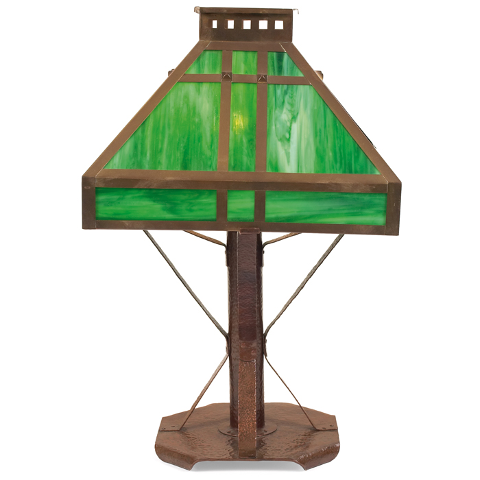 Appraisal: Arts and Crafts lamp pyramidal brass shade with green slag