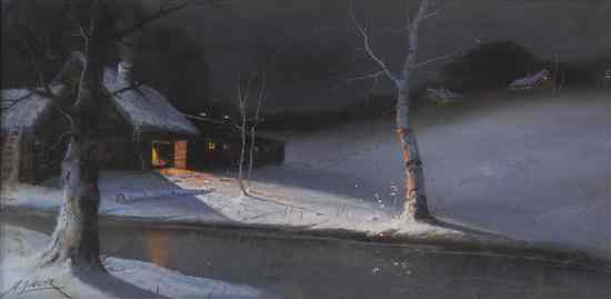 Appraisal: Harry Linder American - Winter Cabin Scene at Night pastel