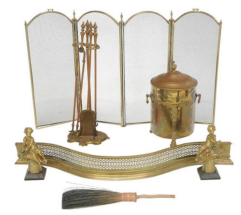 Appraisal: Brass Fireplace Implements screen x in fender in coal hod