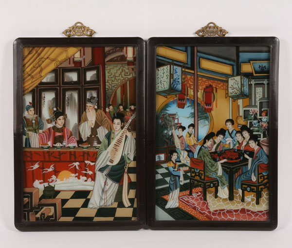 Appraisal: Pair eglomise panels reverse painted on glass Chinese domestic scenes