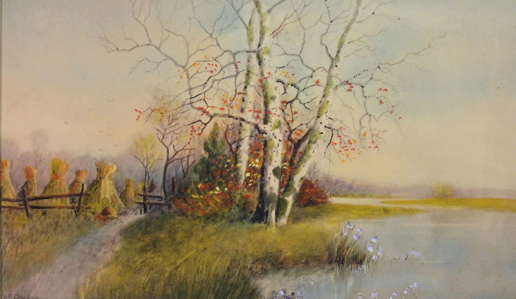 Appraisal: SAMUEL R CHAFFEE AUTUMN CORK STALK WC PAINTING United States