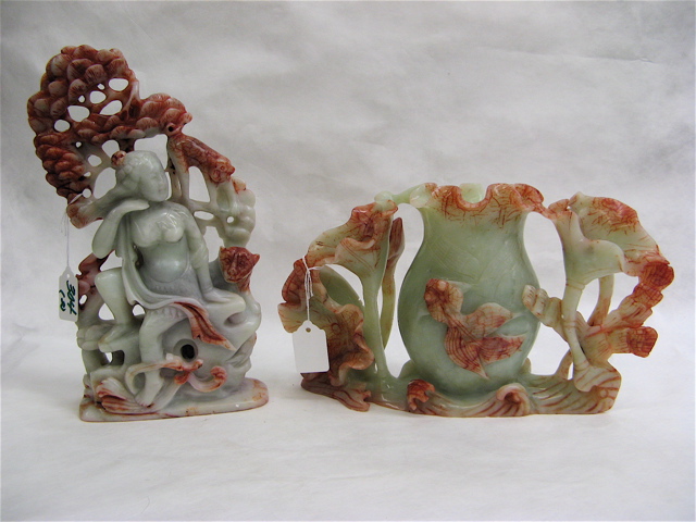 Appraisal: TWO PIECES CHINESE CARVED SOAPSTONE vase flanked by flowers and