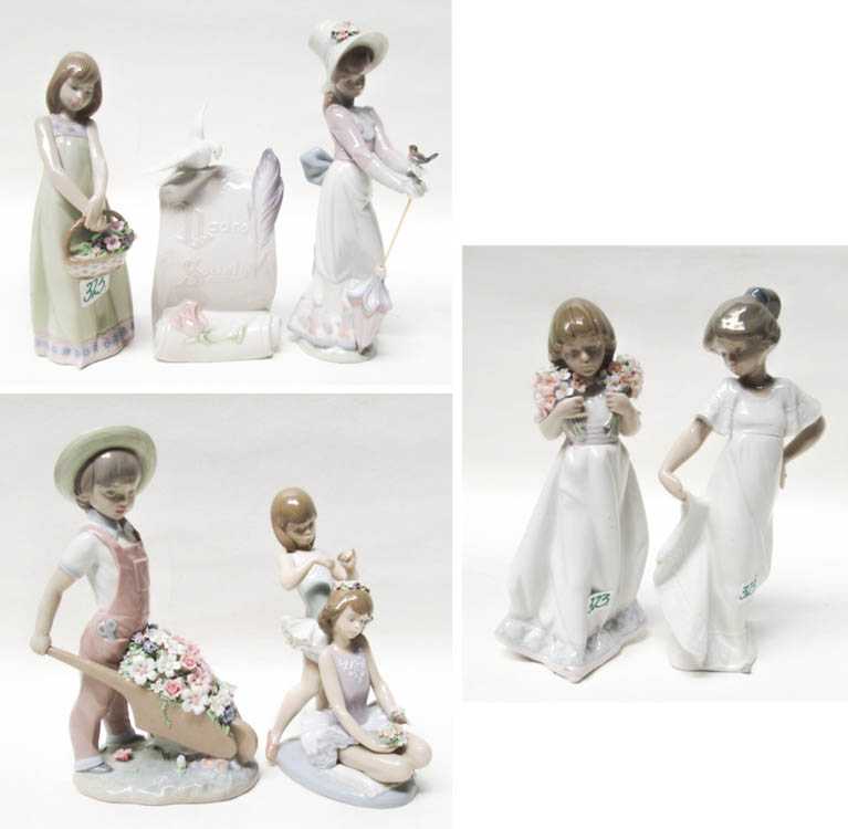 Appraisal: SIX LLADRO PORCELAIN FIGURINES AND A PLAQUE Wheelbarrow with Flowers