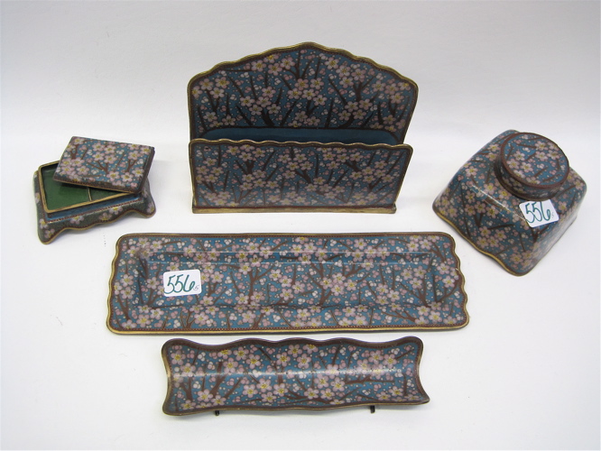 Appraisal: JAPANESE CLOISONNE DESK SET pieces blooming cherry blossom pattern on