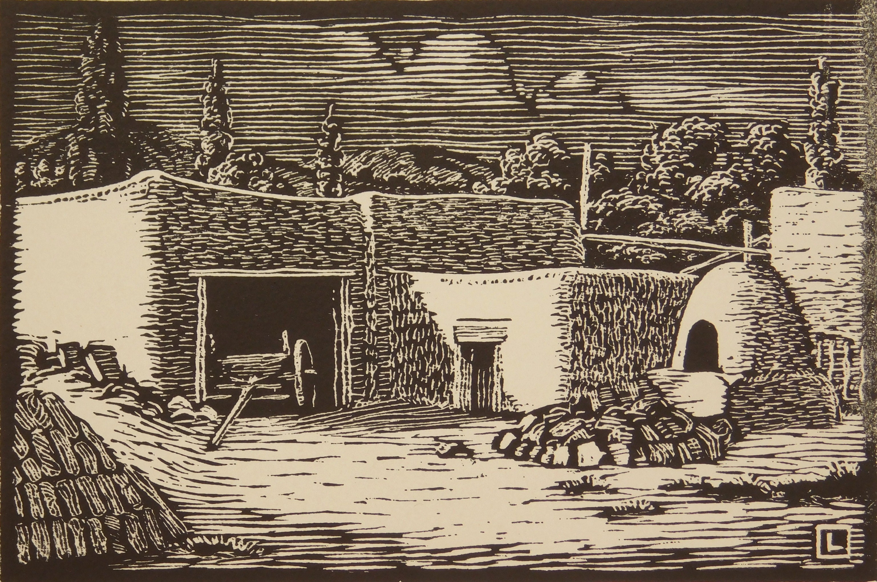 Appraisal: Herschel Logan - ''Barnyard New Mexico''- woodcut ca singed in