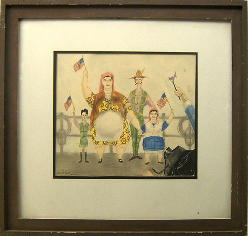 Appraisal: Ink and watercolor family portrait signed Leon LeCour x Provenance