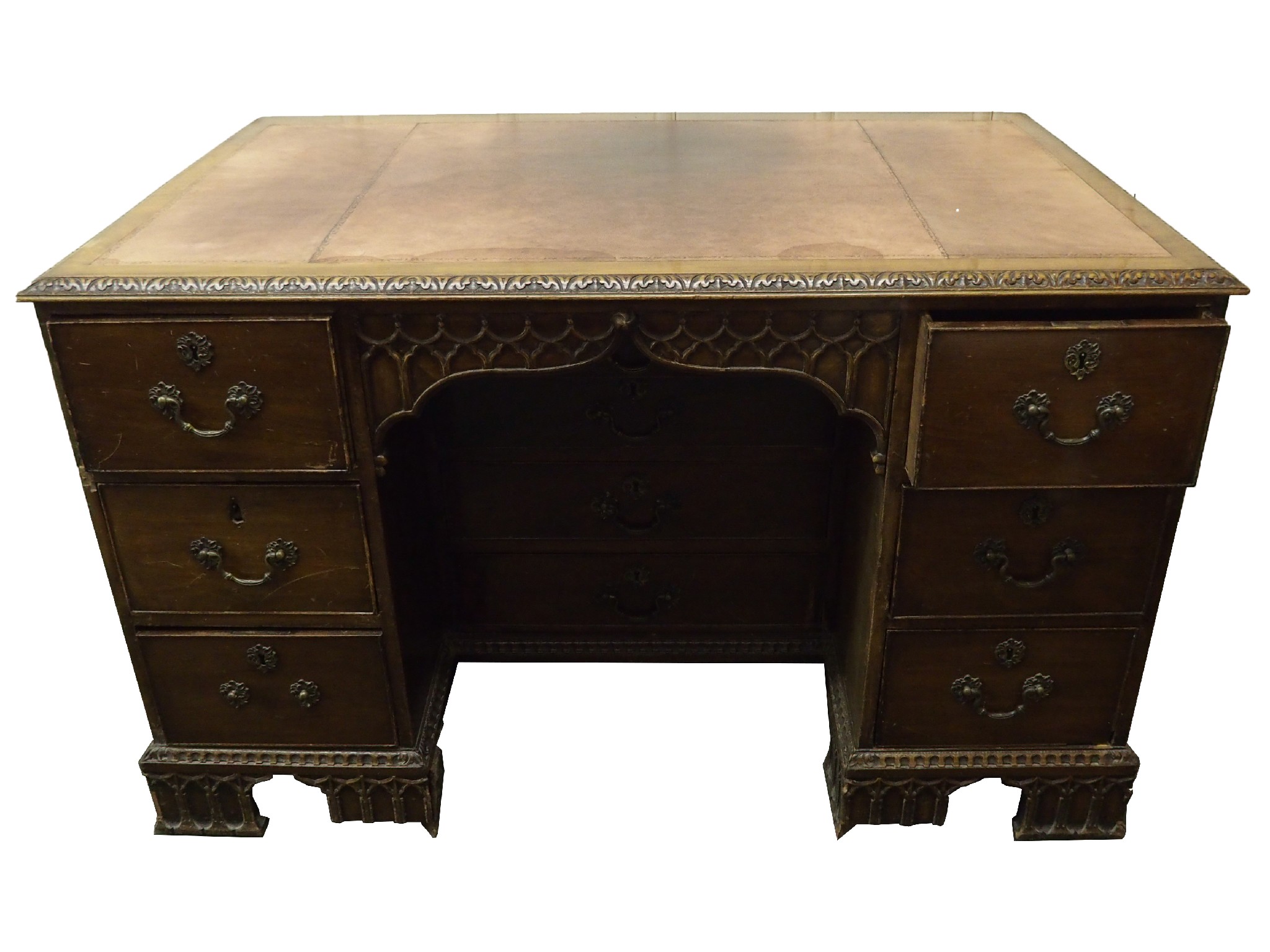 Appraisal: A th Century Chippendale style pedestal writing deskwith leather skiver