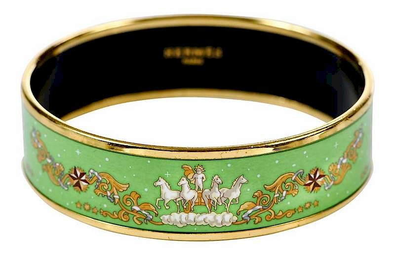 Appraisal: Herm s Bangle Bracelet gold-tone rim green background with horses