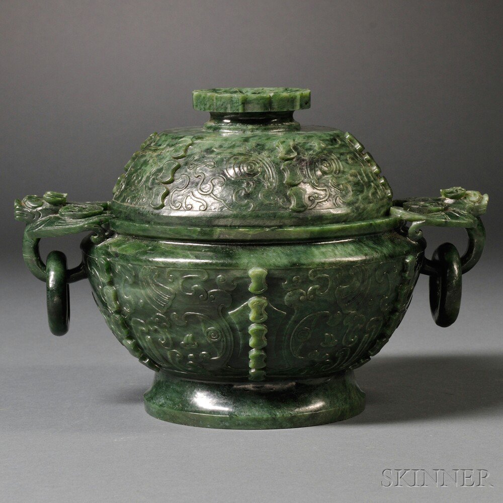 Appraisal: Hardstone Archaic-style Covered Censer China ovoid body supported by a