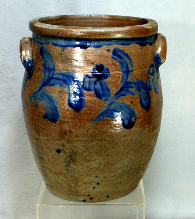 Appraisal: gallon stoneware jar with blue floral decoration no chips or