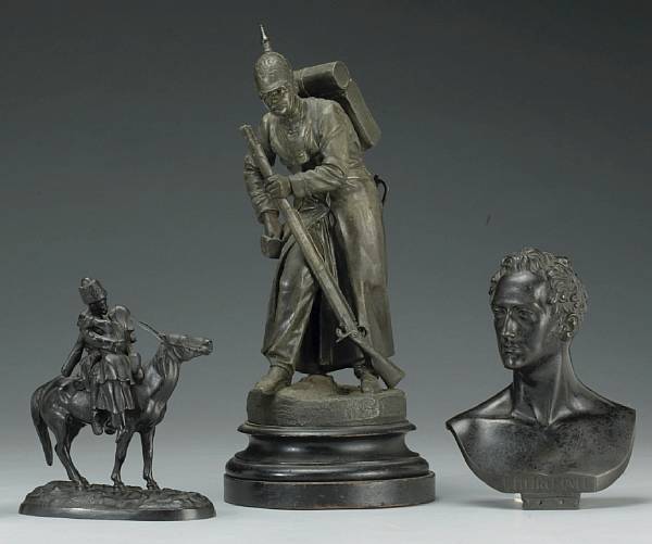 Appraisal: A group of three Russian metal sculptures Comprising Patinated cast