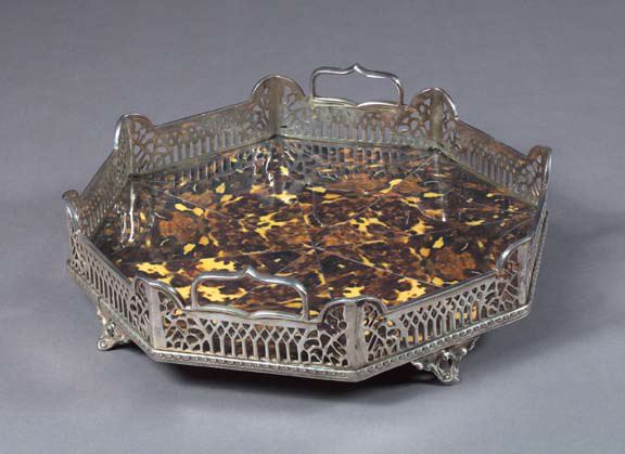 Appraisal: English Octagonal Reticulated Silverplate and Wire-Inlaid Faux Tortoiseshell Footed Tray