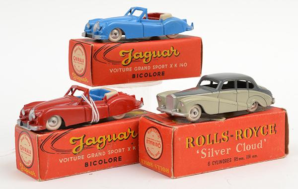 Appraisal: THREE QUIRALU DIECAST BRITISH CARS INCLUDING X JAGUAR XK S