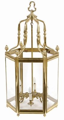 Appraisal: A large brass hexagonal hall lantern with bevelled glass panels