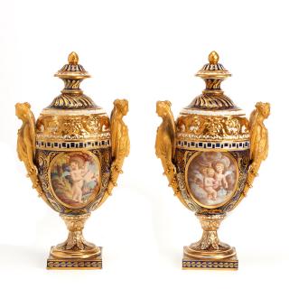 Appraisal: Pair Derby cobalt and gold ground urns and covers Pair